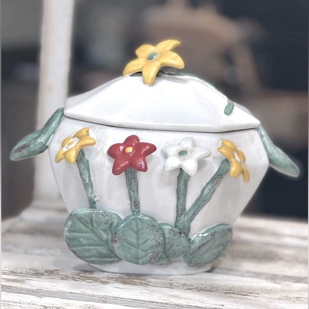 Whimsical Floral Ceramic Lidded Jar | Trinket Container | Raised Accents. 7”x6”